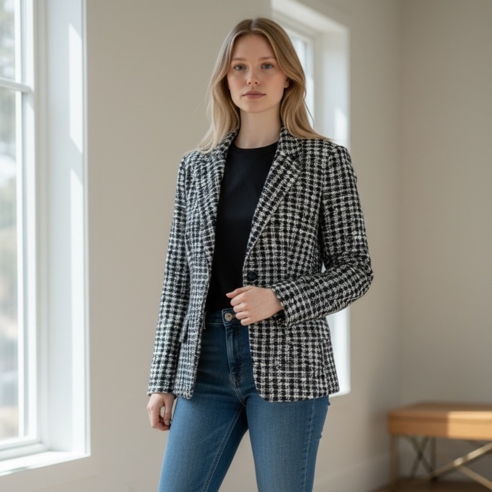 Hugo Boss Women’s Black and White Blazer, Elevated Office Workwear, Chic, Size 2